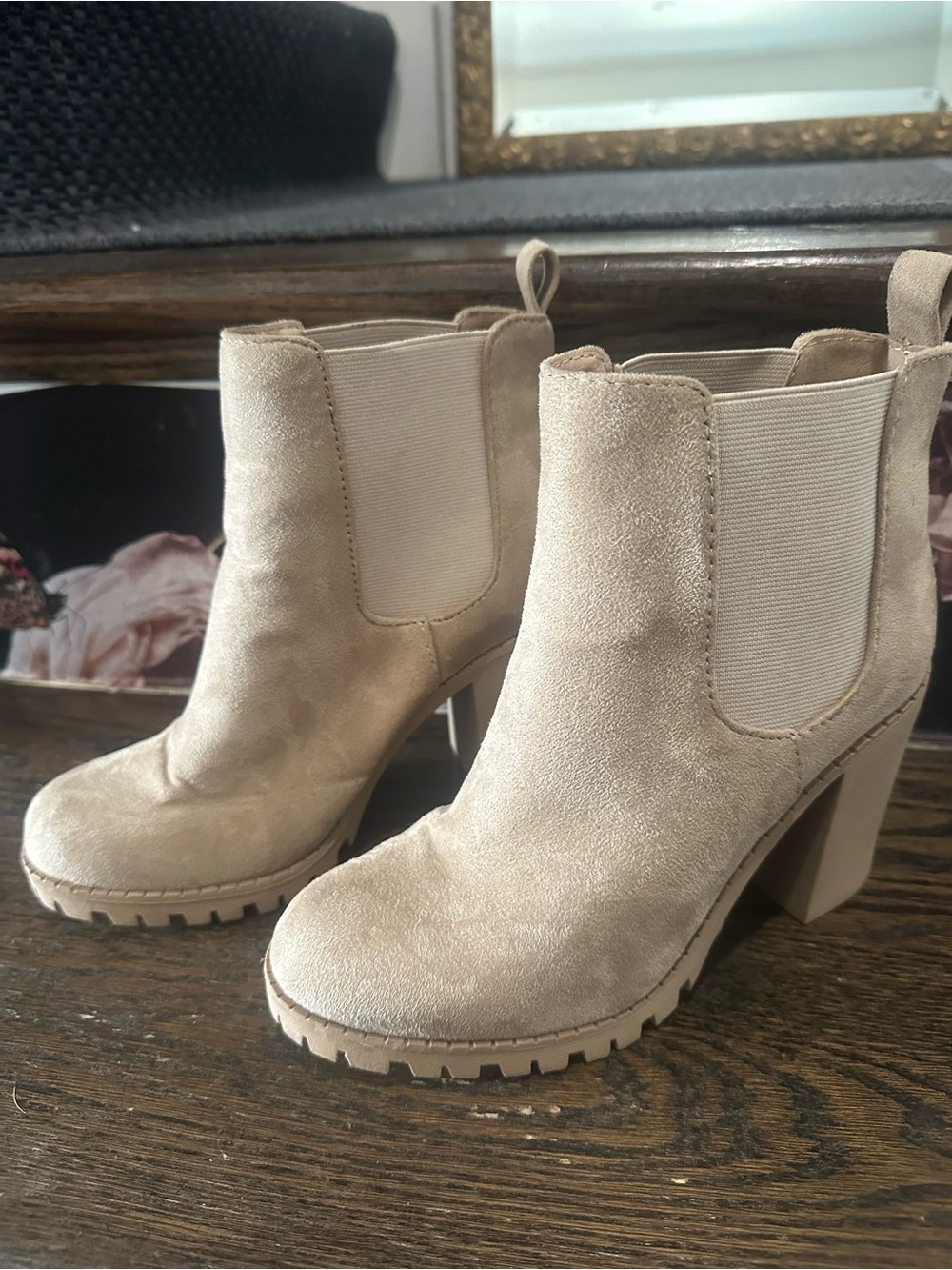 Women’s Beige Suede Chelsea Block Heel Booties by SODA
